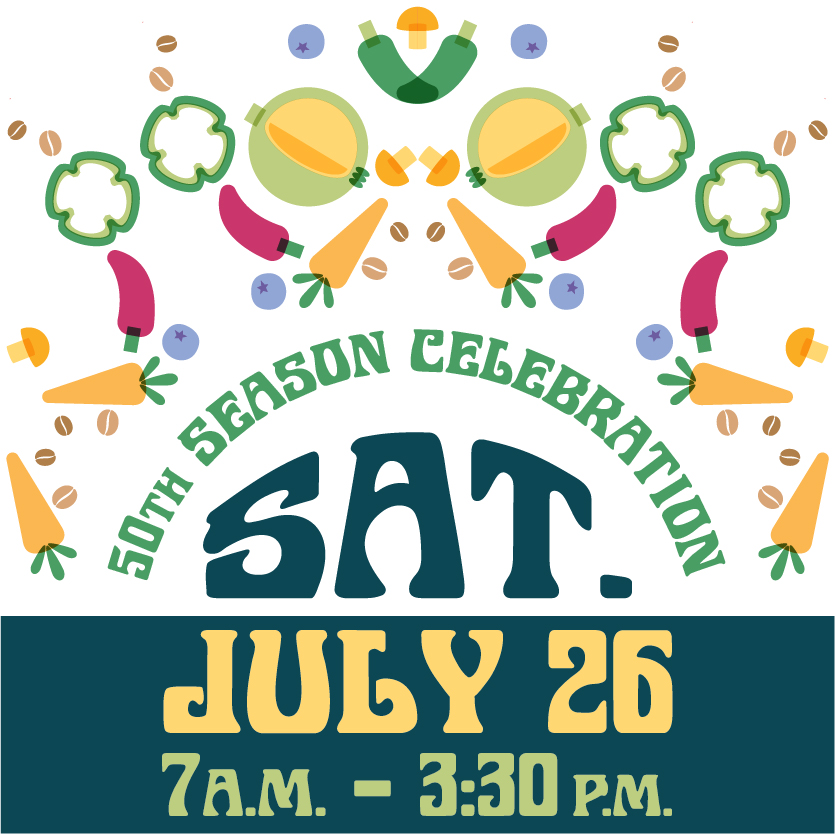 A graphic that says, "50th Season Celebration, Saturday, July 26 from 7 a.m. to 3:30 p.m.